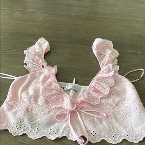 Zara Soft Pink Ruffled Eyelet Crop Top